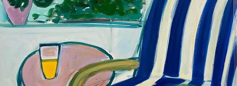 painting of a blue and white striped chair beside a pink table and window