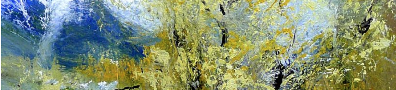 textured oil painting of a landscape in blues, greens and yellows
