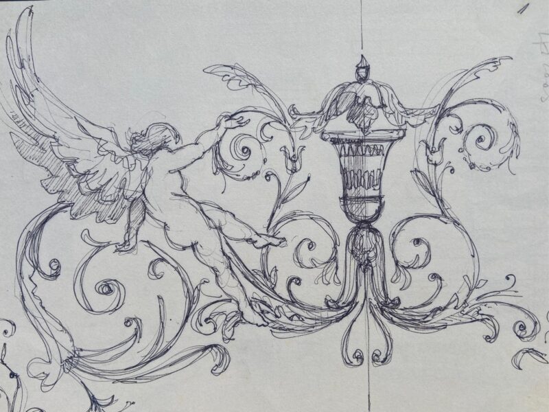 sketch of an italian renaissance decoration featuring cherubs and arabesques