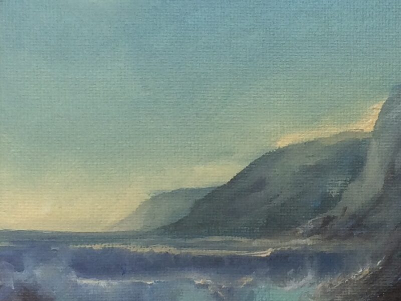 oil painting of a moody, mellow seascape with the headland jutting in from the righthandside in blues and purples